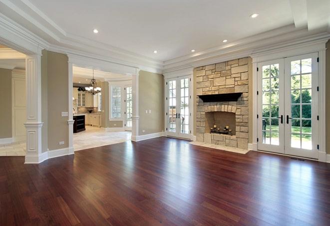 modern kitchen with rich, dark wood floor